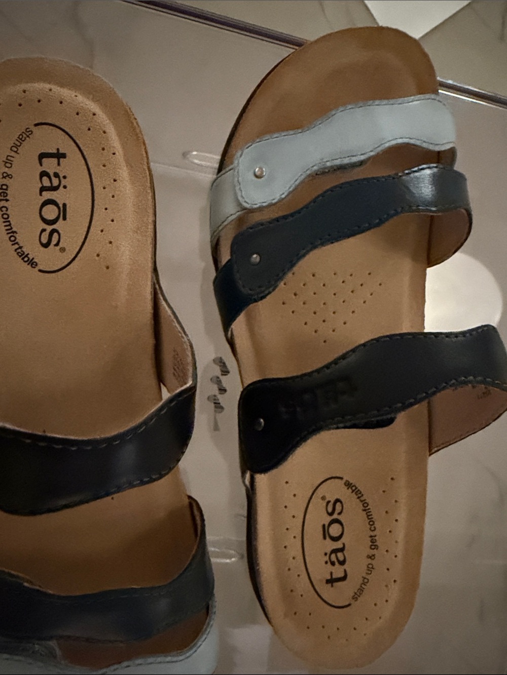 Taos Footwear Women's Tripleu-Strap Slide Sandal in Navy and Light Blue